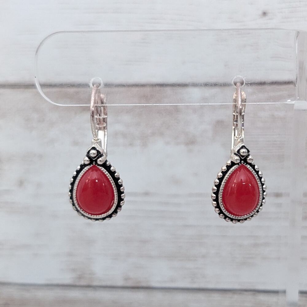 Vintage Earrings For Pierced Ears Red & Silver Tone - Fair Condition